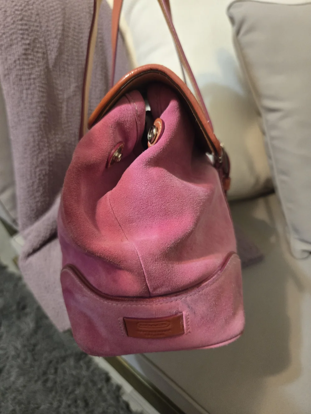 Coach Pink Suede Shoulder Bag with Tan Leather Trim - Picture 2 of 10